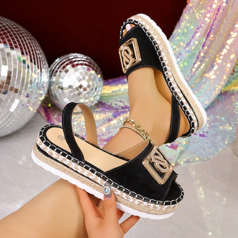 Espadrille Wedge Shoes - صنادل نسائية بكعب عالٍ مزينة بالأحجار
