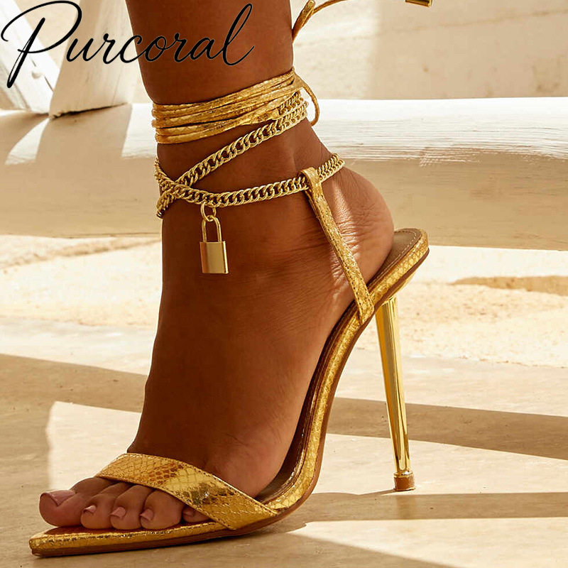Gold Chain Sandal - صندل نسائي Purcoral 2026 ذهبي معدني