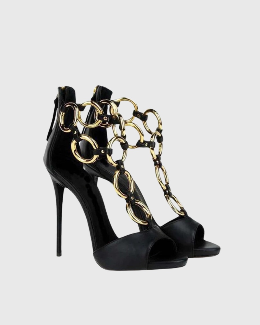 صنادل نسائية سوداء من الجلد مع - مراجعة Gold Chain Sandal وسعره